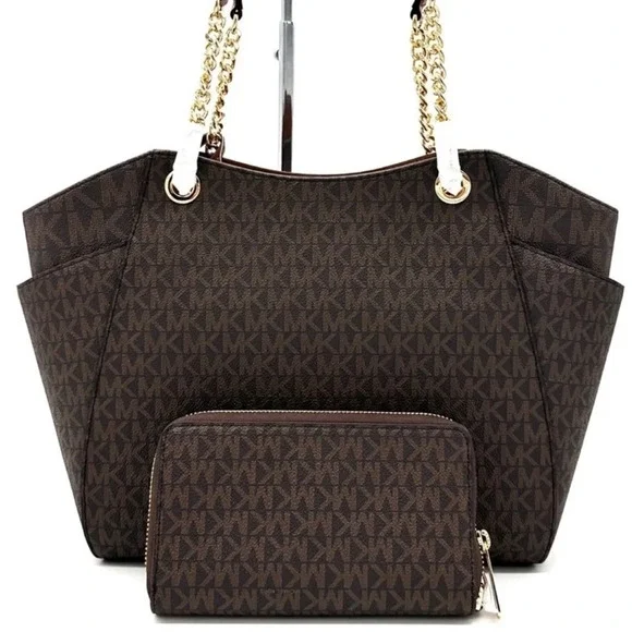 Michael Kors Large Jet Set Travel Chain Shoulder Bag & Double Zip Wallet Brown
